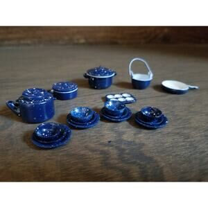 Dollhouse Miniature BLUE SPECKLED ENAMELWARE set Pots Pans Dishes
